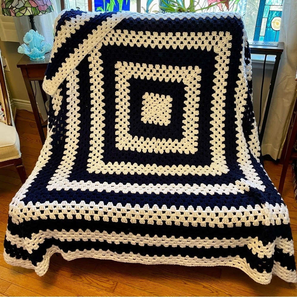 Handmade Navy and White Crochet Blanket 70”X70”